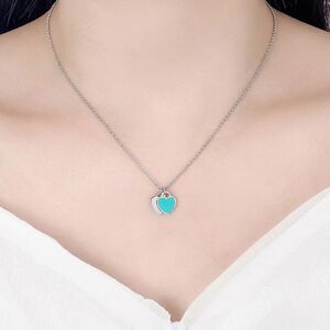 Sweet Heart Stainless Steel Pale Blue Enamel Double Pendant Necklace